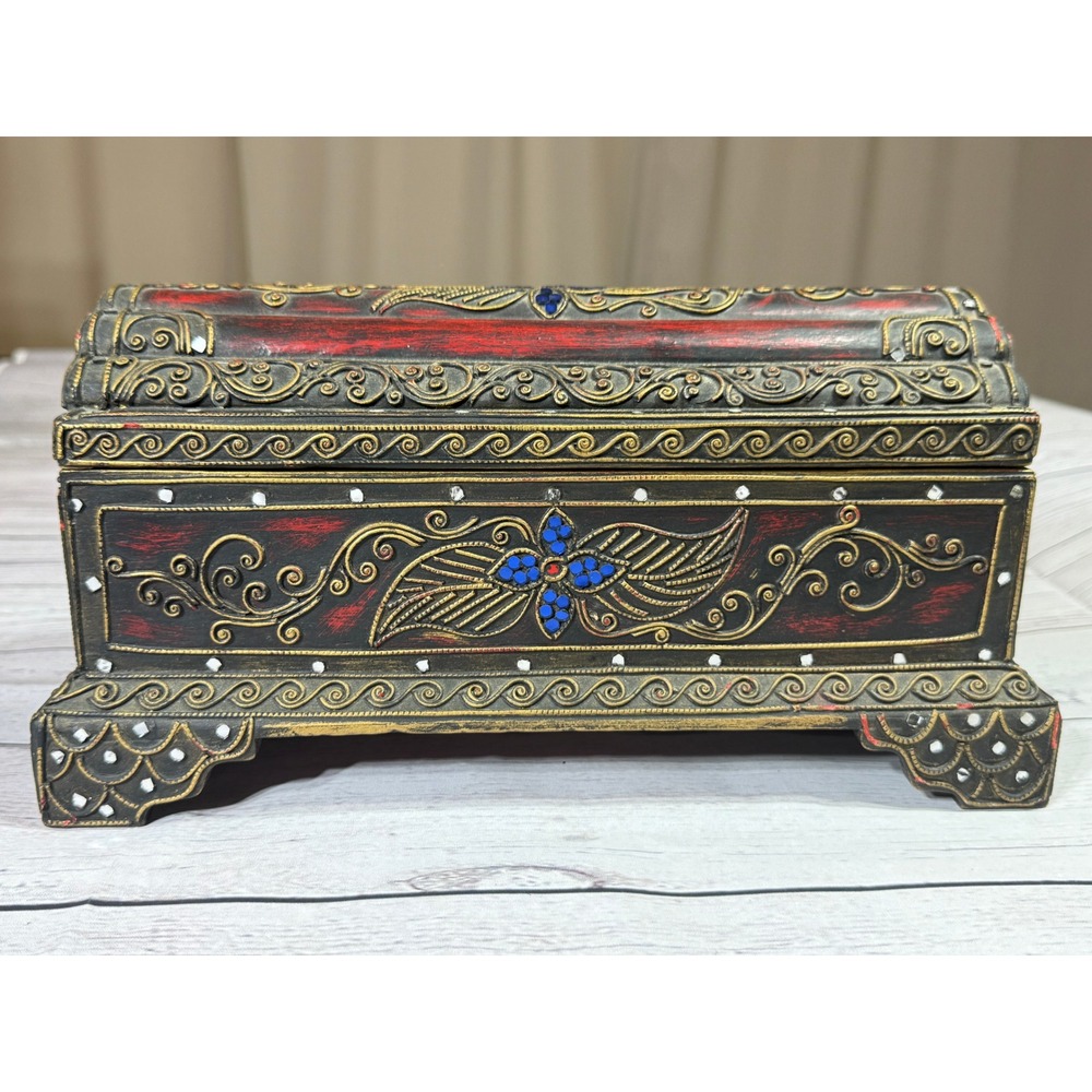 Vintage Ornate Wooden Jewelry Chest Red Gold Filigree Trinket Treasure Box